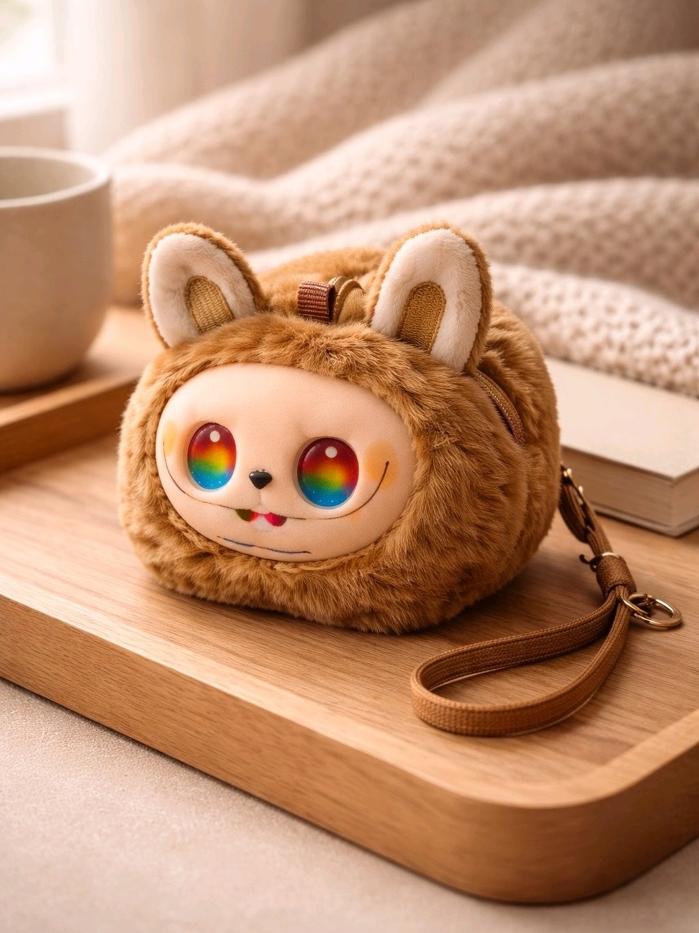 Brown Plush Kids Wristlet Bag with Rainbow Eyes